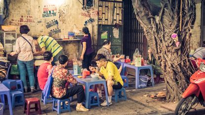 Street food stalls in Vietnam’s capital city Hanoi 