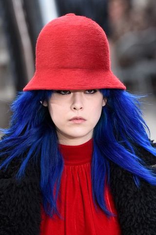 Cobalt blue, Blue, Hair, Clothing, Electric blue, Hat, Red, Fashion, Beauty, Street fashion,
