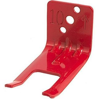 A red metal fork style wall mount for fire extinguishers