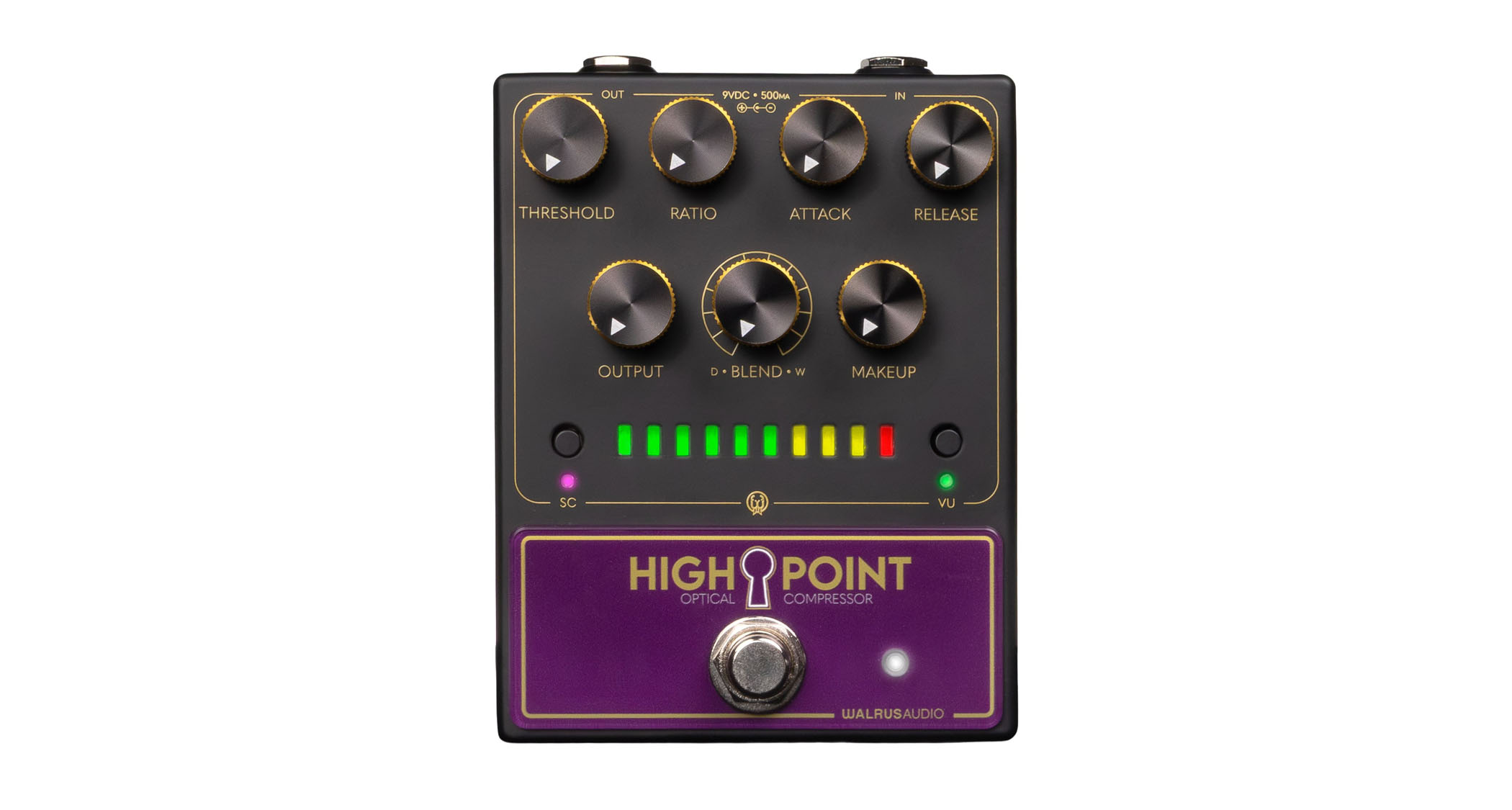 Walrus Audio Highpoint Analog Optical Compressor features console-style VU metering on the front.