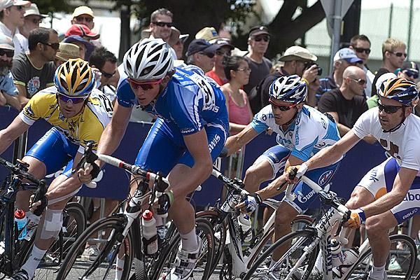 Three of the big guns in the series: Chris Sutton (far left), Graeme Brown (far right) and Robbie McEwen (2nd from right) corner in Williamstown.