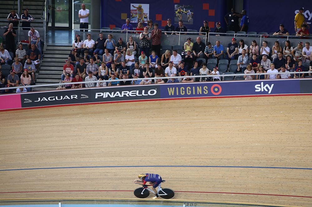 Bradley Wiggins on his way to breaking the UCI One Hour Record at Lee Valley Velopark Velodrome.