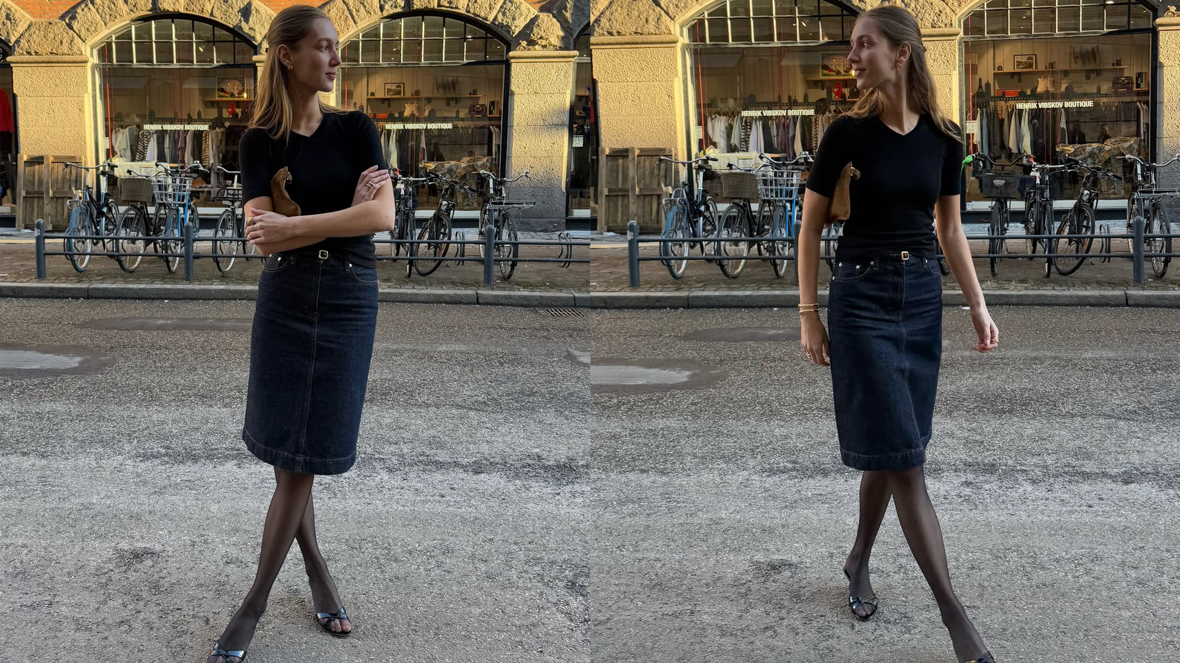Amalie Moosgaard wearing a knee-length skirt and sheer tights.