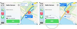 To get directions with CarPlay, after finding the location in the Maps app, you can either select the Go icon to begin your journey or change the route on the map (if more than once option exists) and then select the Go icon.