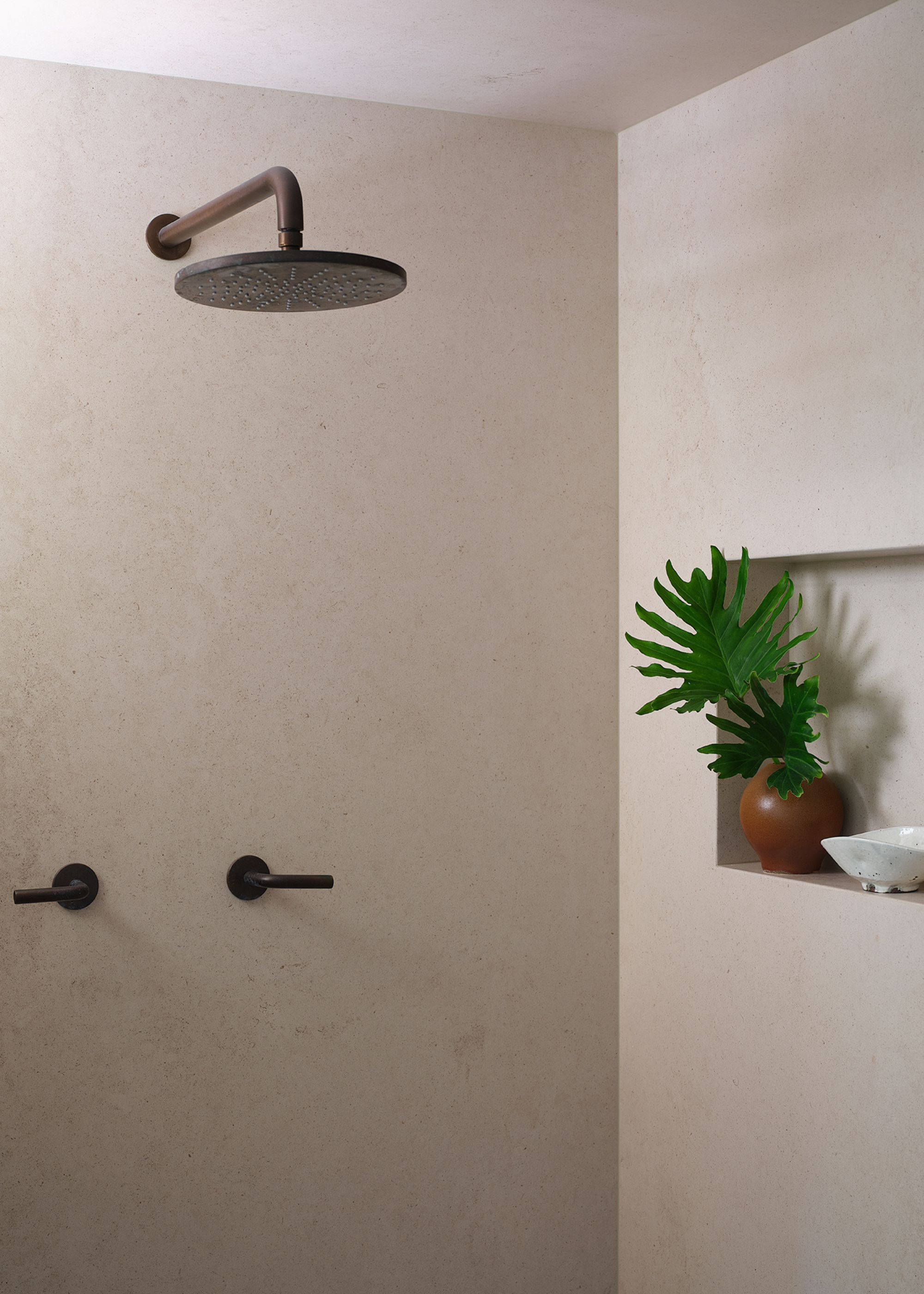 A minimalist shower room with dark hardware and an in-built nook with a vase and a leafy stem beside a soap dish
