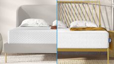 Leesa Sapira Hybrid vs Leesa Legend Hybrid mattress image shows the Sapira mattress on a grey bedframe on the left and the Legend Hybrid on a wooden bedframe on the right