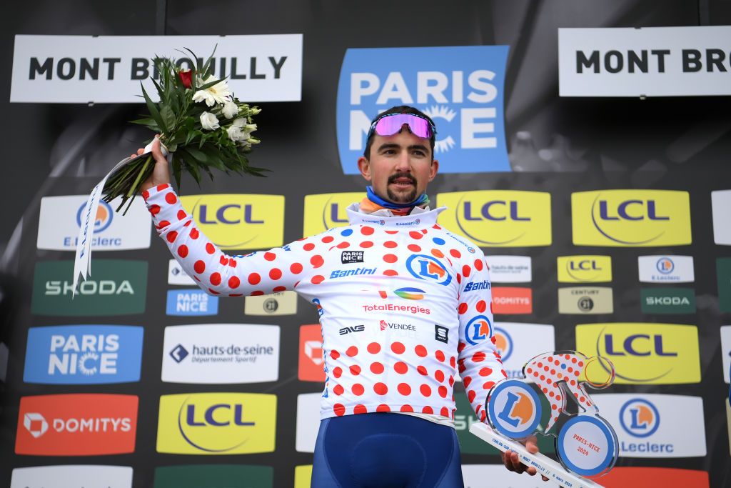 MONT BROUILLY FRANCE MARCH 06 Mathieu Burgaudeau of France and Team TotalEnergies Polka Dot Mountain Jersey celebrates at podium during the 82nd Paris Nice 2024 Stage 4 a 183km stage from ChalonsurSane to Mont Brouilly 476m UCIWT on March 06 2024 in Mont Brouilly France Photo by Alex BroadwayGetty Images