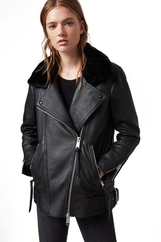 Belted leather biker jacket