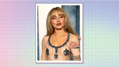 Sabrina Carpenter wears a silver embellished mesh top as she attends the Vanity Fair 95th Oscars Party at the The Wallis Annenberg Center for the Performing Arts in Beverly Hills, California on March 12, 2023/ in a pastel multicolored template