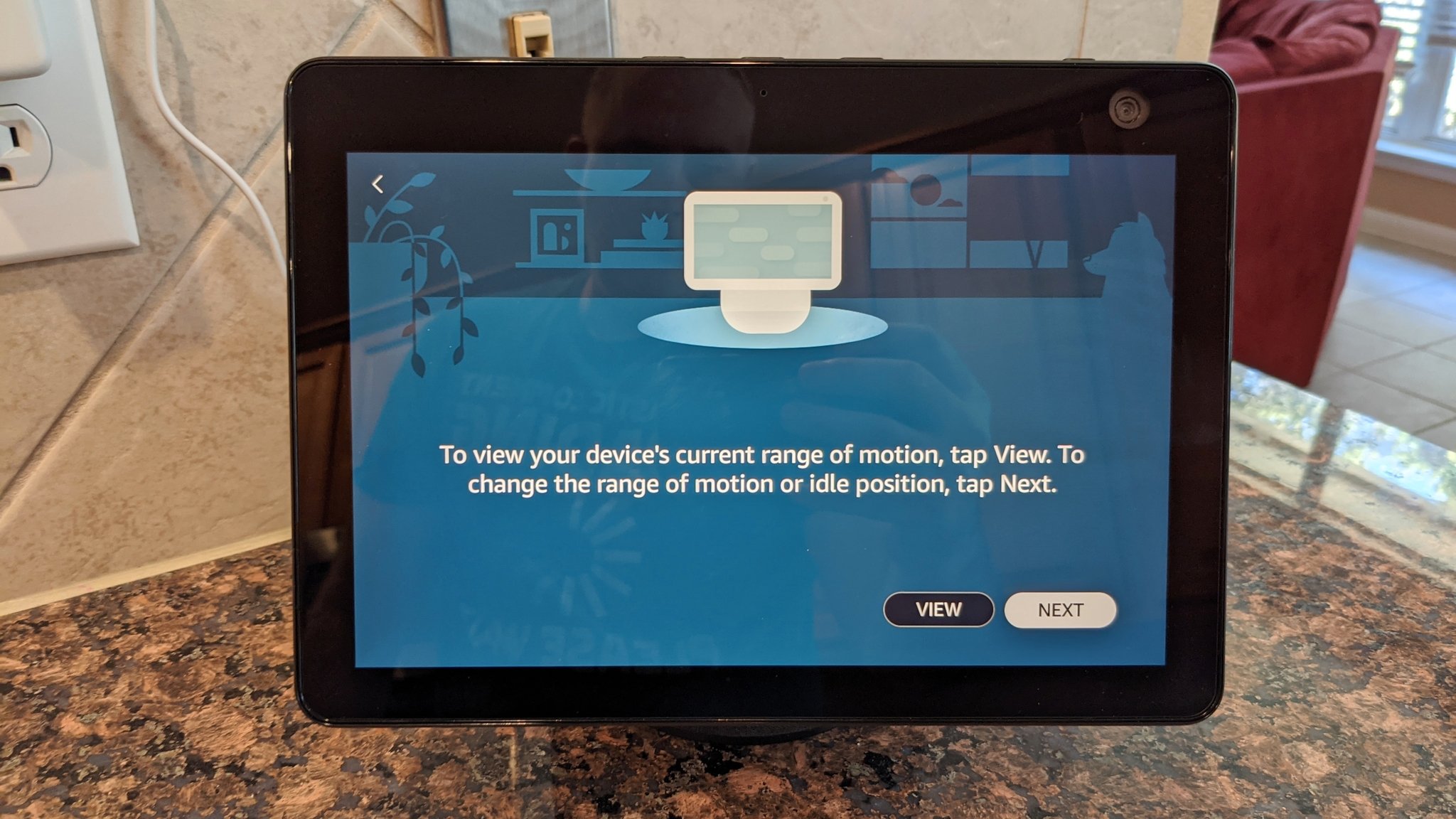 Echo Show 10 motion screen: "To view your device's current range of motion, tap View. To change the range of motion or idle position, tap Next."