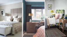 Compilation image of three bedrooms to show furniture following bedroom layout rules recommended by interior designers