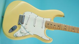 Closeup of the body of a Fender Player Stratocaster