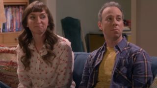 Denise (Lauren Lapkus) and Stuart Bloom (Kevin Sussman) sit together on The Big Bang Theory