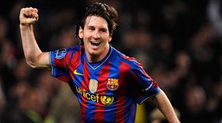 Lionel Messi celebrates after scoring four goals for Barcelona in a 4-1 win over Arsenal in the Champions League in April 2010.