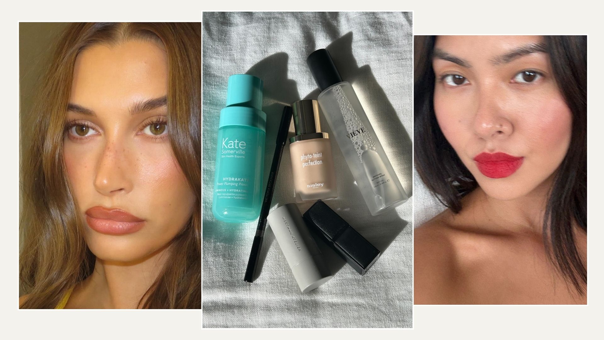A picture of Hailey Bieber and @mimixn wearing makeup looks and a selection of winter makeup products on a white linen background