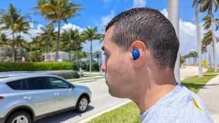 The 1More PistonBuds Pro's active noise cancellation being tested outside