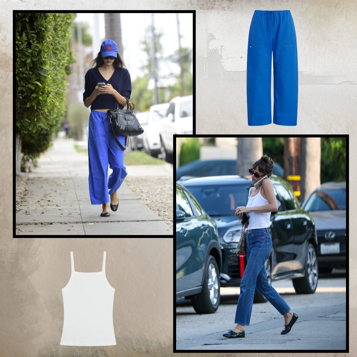A collage of Dakota Johnson and Kaia Gerber wearing Leset.