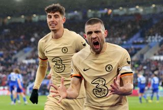 Mateo Kovacic of Chelsea celebrates after scoring the team's third goal during the Premier League match between Leicester City and Chelsea FC at The King Power Stadium on March 11, 2023 in Leicester, England.