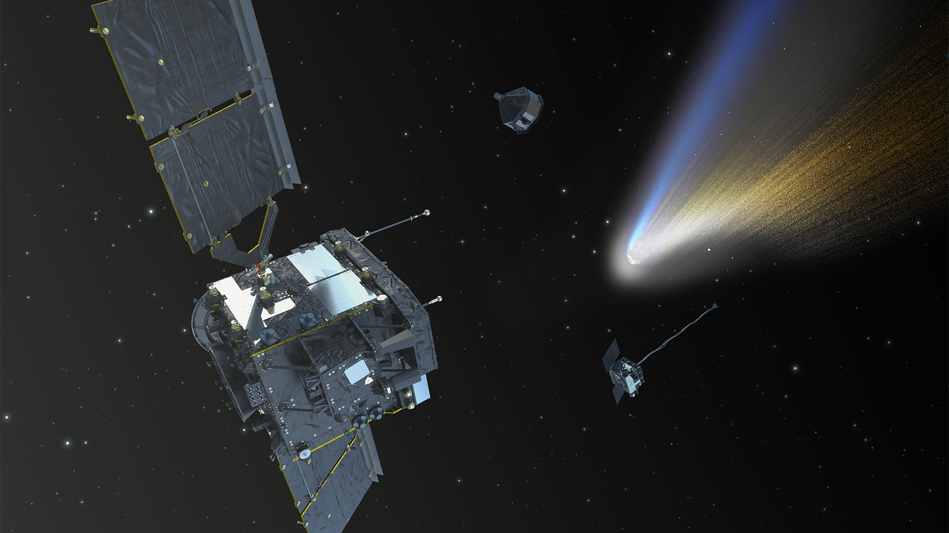 graphic illustration of the comet interceptor spacecraft on the left, with two large solar panels extending out on each side, and a large comet on the right with an impressive blue and yellow tail.