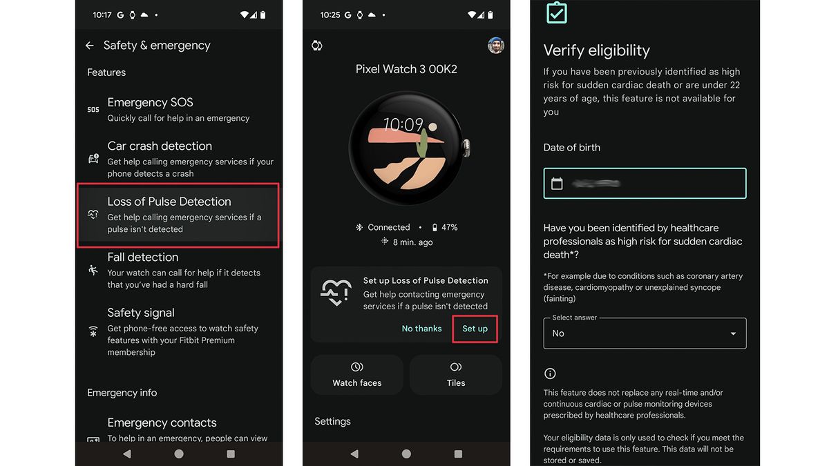 Screenshots of setting up Loss of Pulse Detection on Google Pixel Watch 3