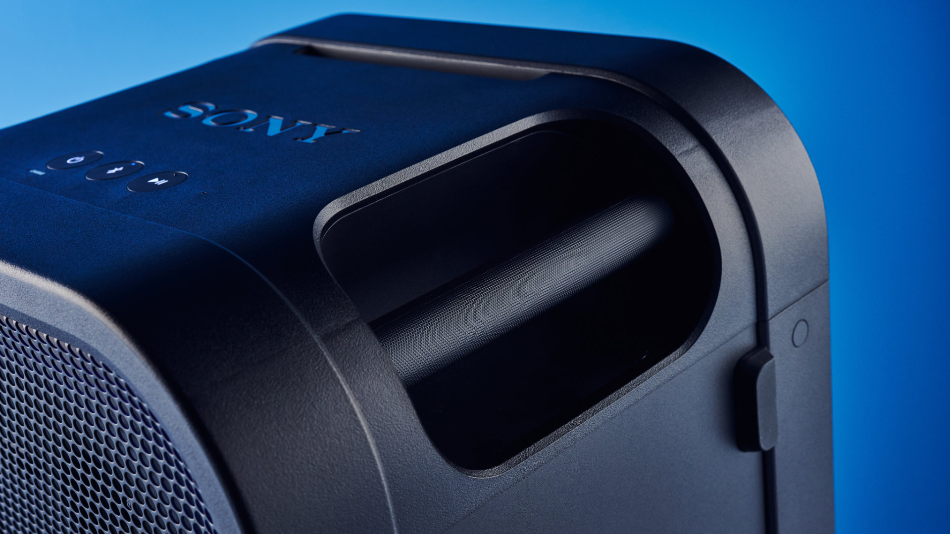 A black Sony ULT Tower 7 party speaker