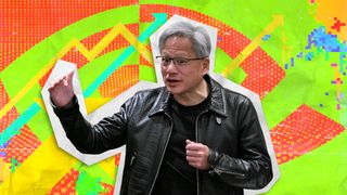 Scrapbook styled punk pop-art image of Jensen Huang, CEO and founder of Nvidia, which makes chips used to train artificial intelligence technology, portrayed as a sticker on top of a colorful background featuring the Nvidia logo.