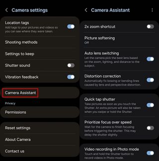 screenshots of the Camera Assist option on a Galaxy phone