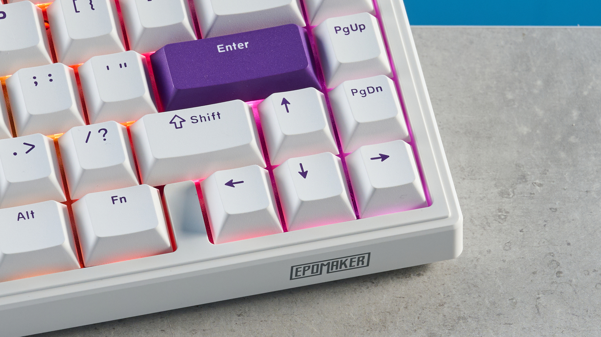 A white and purple Epomaker HE68 Hall Effect keyboard