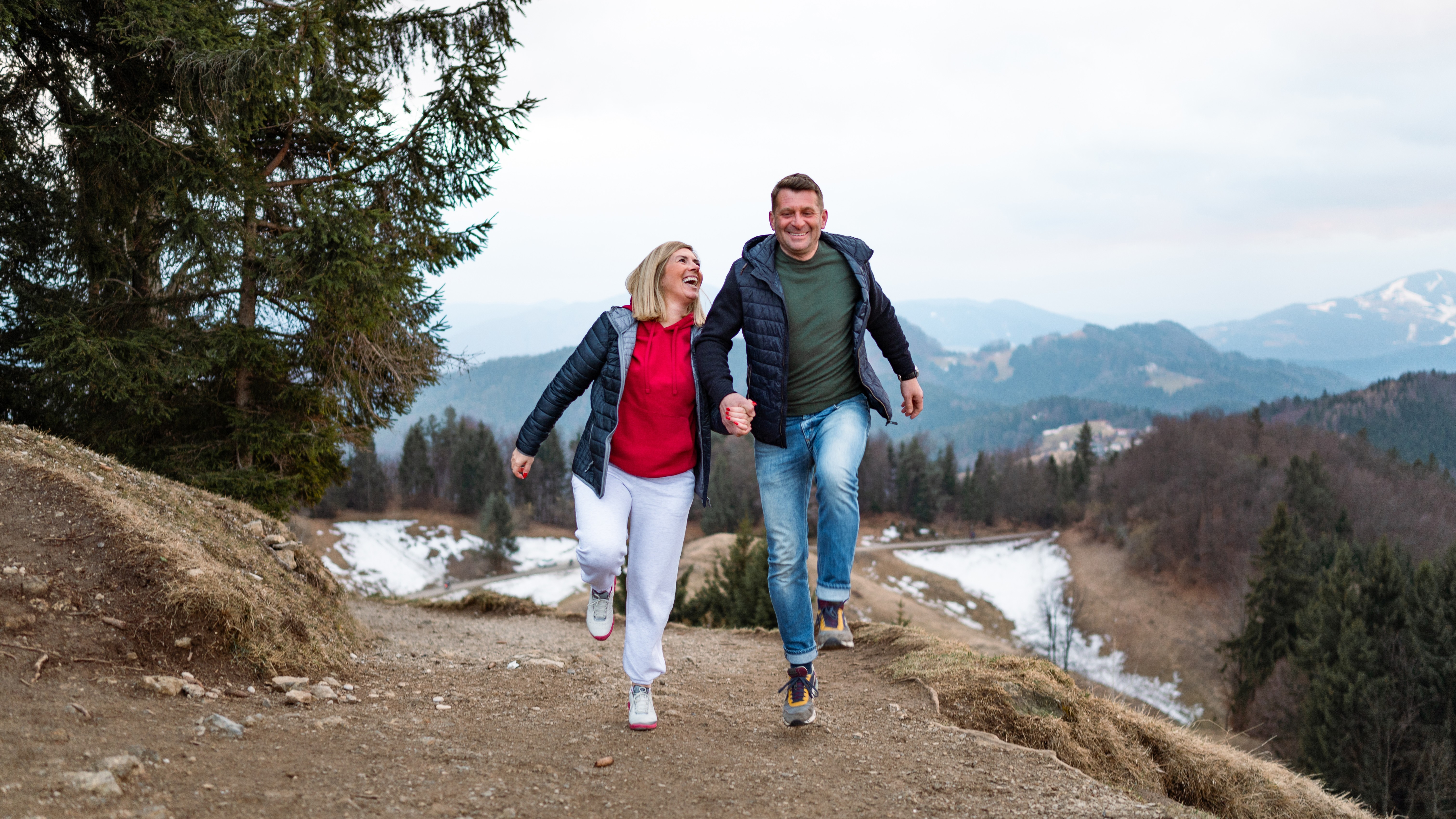 A young couple hiking.