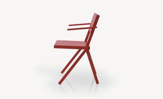 red outdoor armchair from collection titled Mia for Emu designed by Jean Nouvel