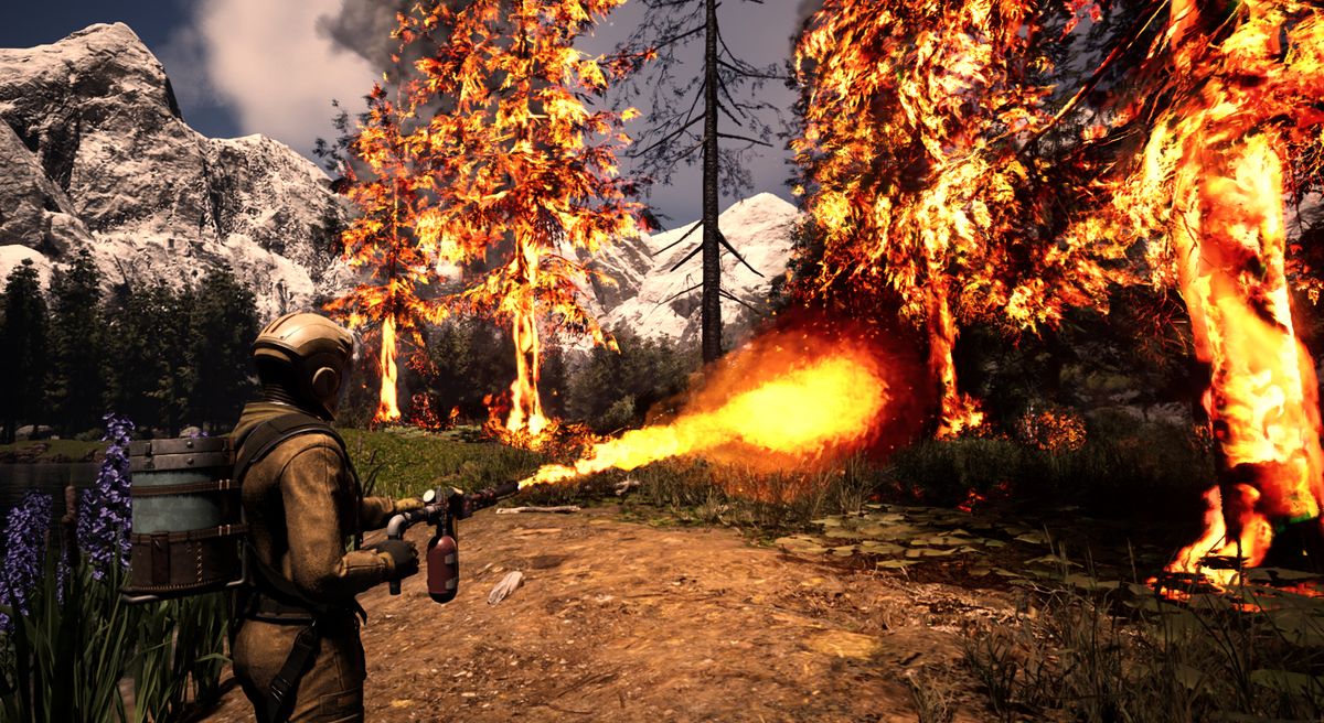 An astronaut using a flamethrower to burn trees