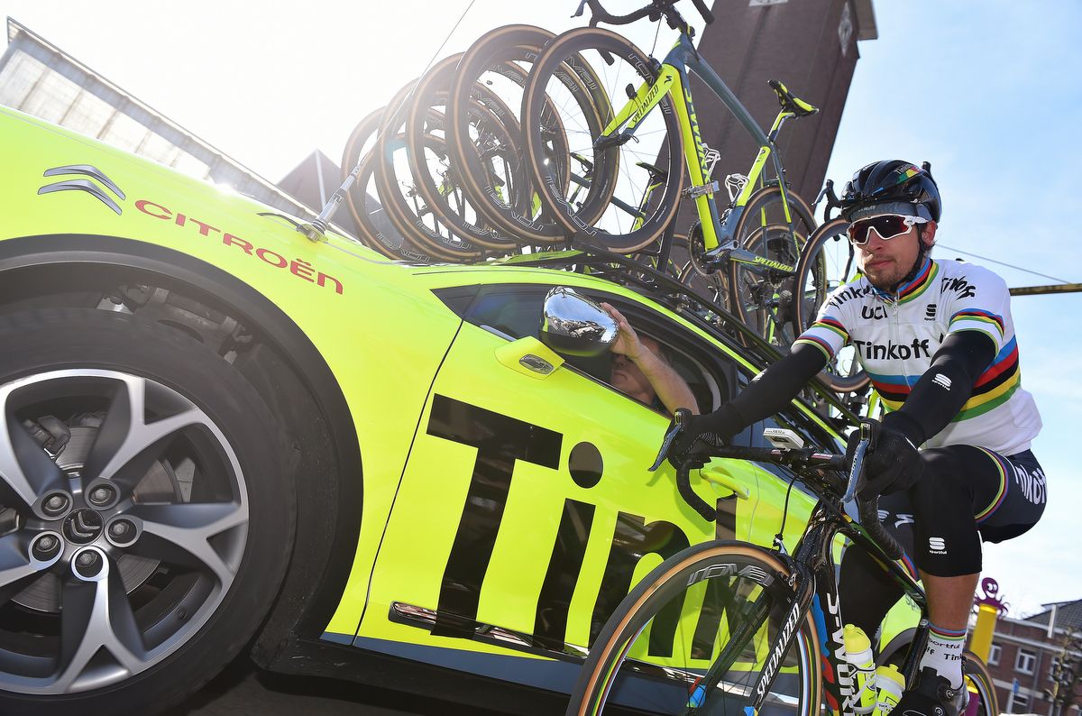 Peter Sagan drops back to the team car