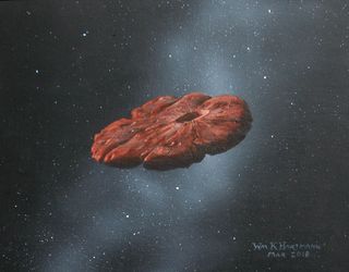 An artist's concept of the 'Oumuamua interstellar object as a pancake-shaped disk. A new study suggests it was once part of a Pluto-like exoplanet.