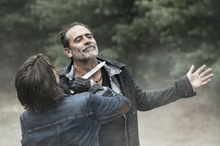 Maggie holding knife to Negan's neck in The Walking Dead: Dead City