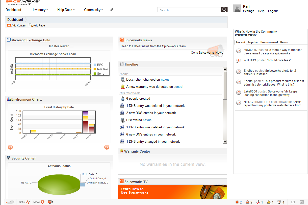 The Spiceworks dashboard gives you an overview of everything on your network, including a timeline that shows network events