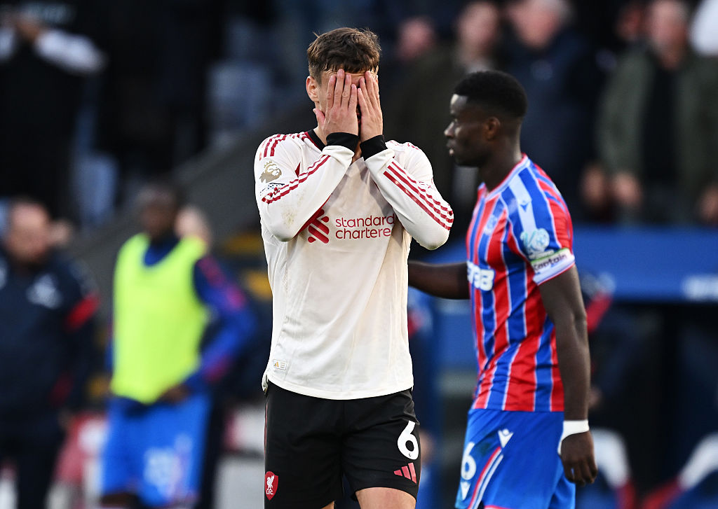 Milos Kerkez of Liverpool looks dejected following defeat in the Premier League match between Crystal Palace and Liverpool at Selhurst Park on September 27, 2025 in London, England.