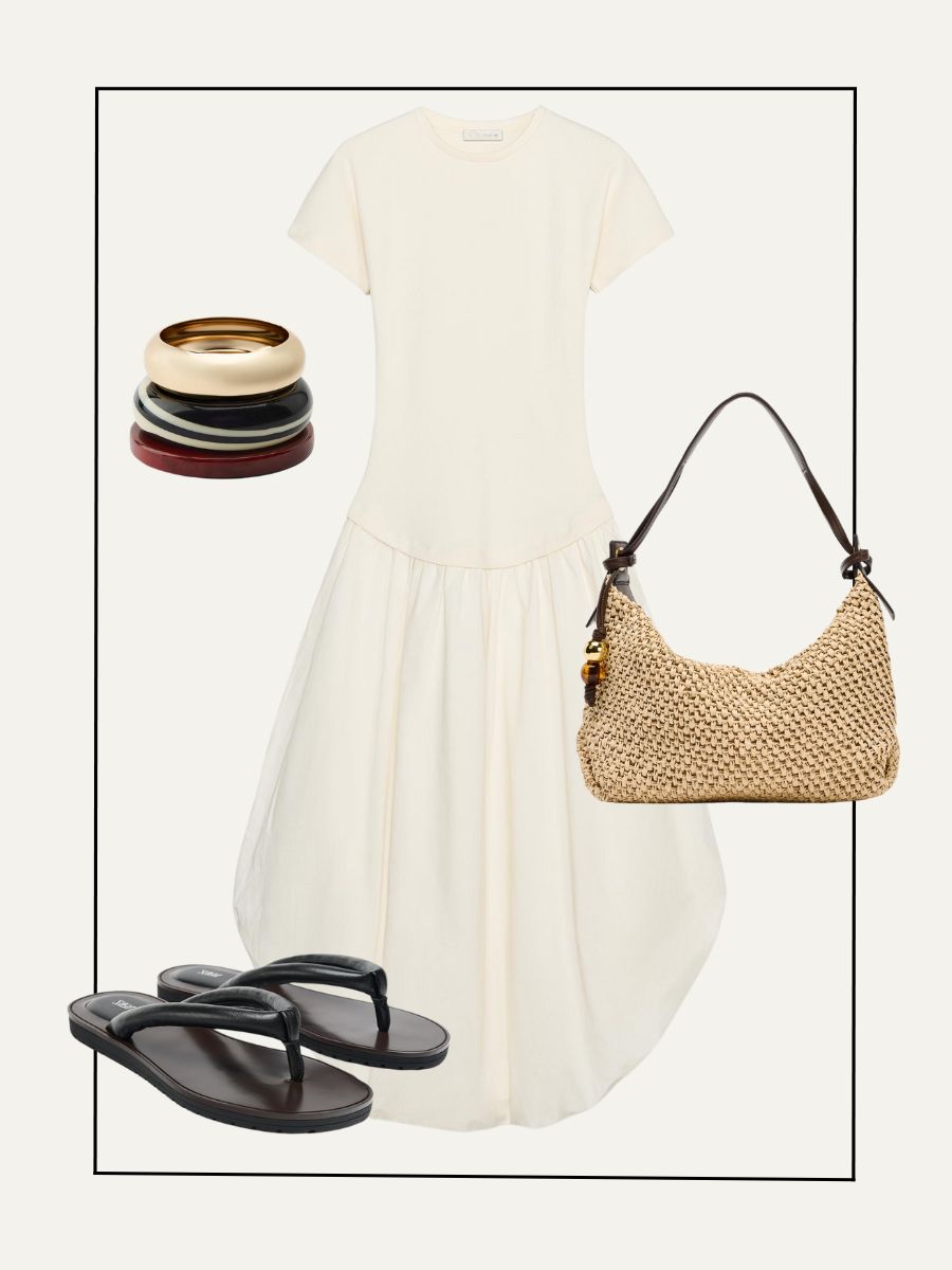 Collage of white dress, bangle bracelets, woven bag, flip flop sandals