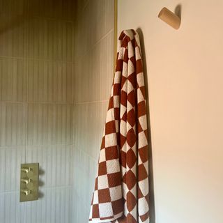 shower w with hooks and towels with brass shower fittings