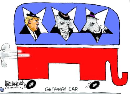Political Cartoon U.S GOP impeachment getaway car