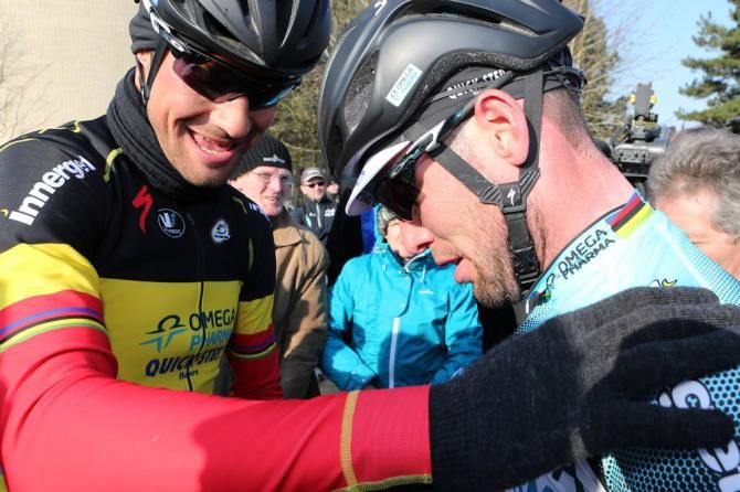 Belgian champion Tom Boonen with teammate and stage 2 winner Mark Cavendish.