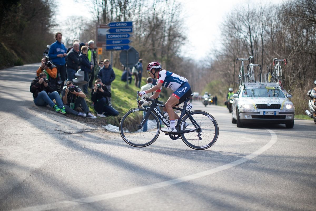 Carmen Small (Cervelo-Bigla Cycling Team) leads the race in the first, short lap of the Trofeo Alfredo Binda