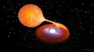A binary star system before a supernova occurs - one star siphons material from its companion.