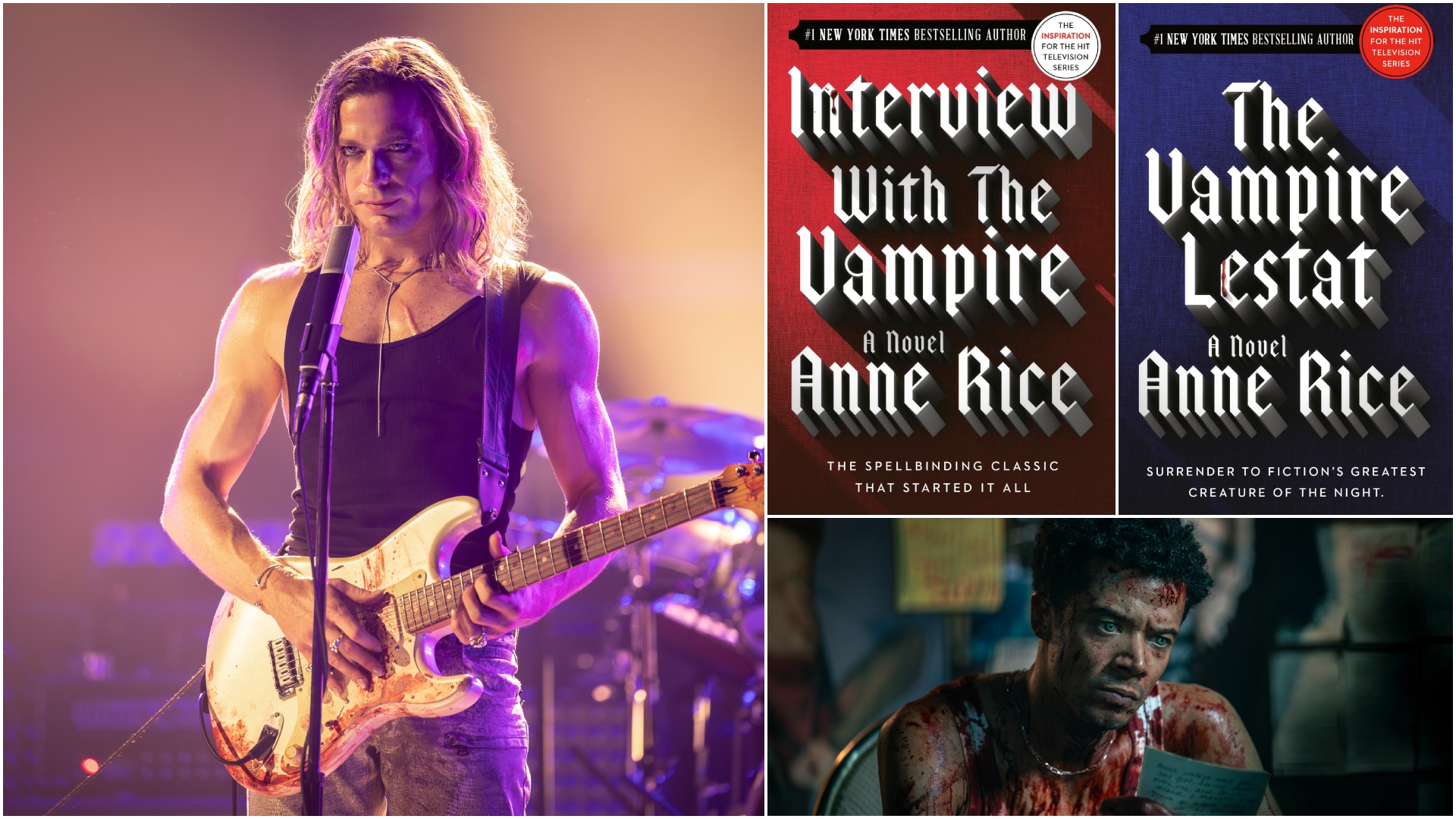 stills from the tv show the vampire lestat of him on stage with a guitar and louis covered in blood opposite of book covers from the vampire chronicles book series