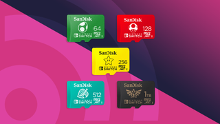 Paras SD-muistikortti Switchille: viisi SD-korttia vierekkäin violetilla taustalla