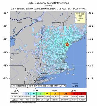 A USGS map showing, in blue, where people reported feeling the Maine earthquake (on Oct. 16, 2012).