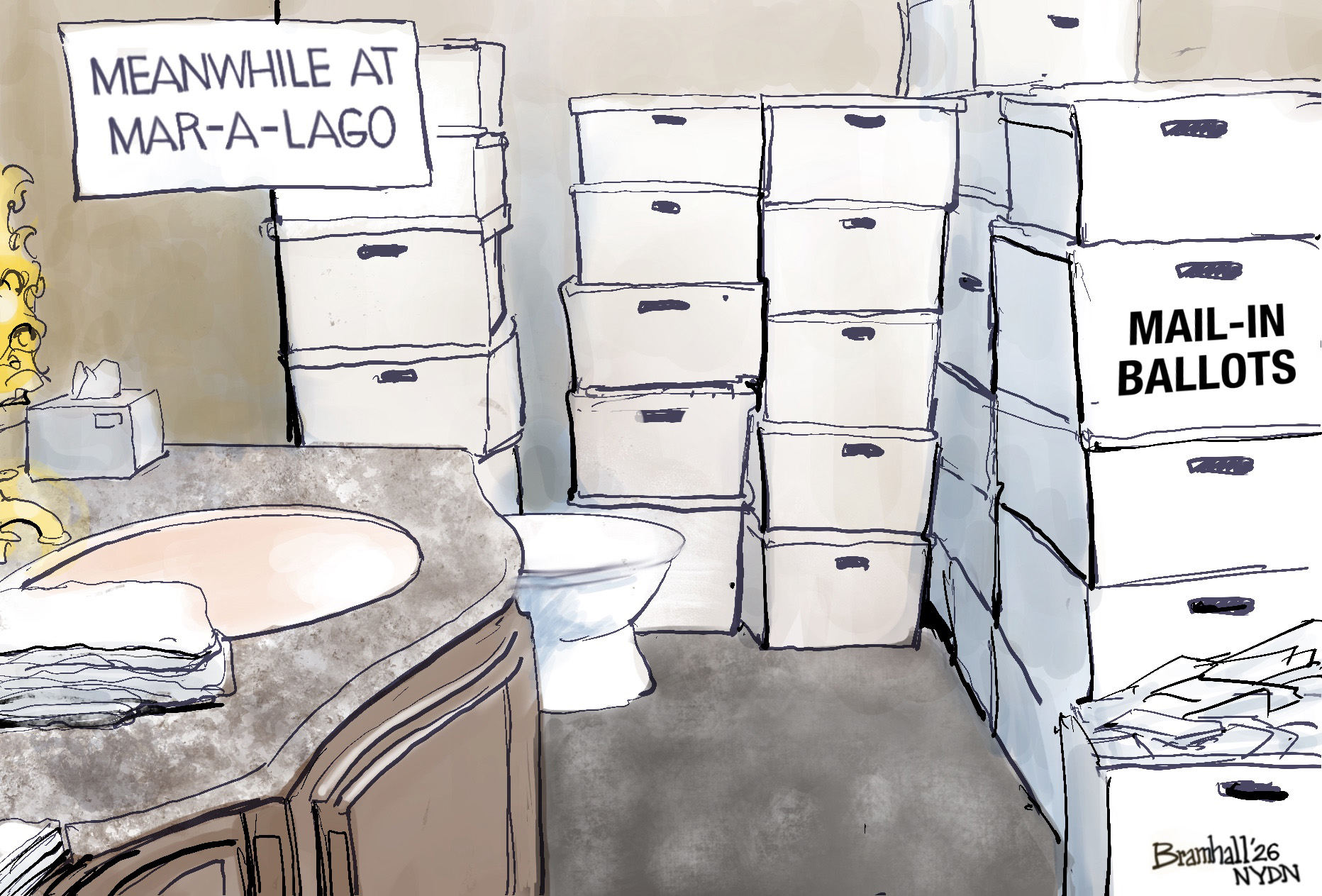 This cartoon is titled &amp;ldquo;Meanwhile at Mar-A-Lago&amp;rdquo;. It depicts the bathroom at Mar-A-Lago where Donald Trump stored classified files. In this cartoon, the files have been replaced with boxes filled with mail-in ballots.