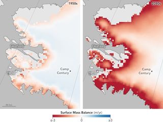 These maps show the surface mass balance of ice, or the net change between the accumulation and ablation of ice and snow on a glacier's surface. Ablation happens when ice thins due to evaporation, melting and wind.