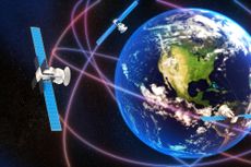 This image shows what a Global navigation satellite system, GNSS, would look like in space with the satellites and their movement trajectory shown around the Earth