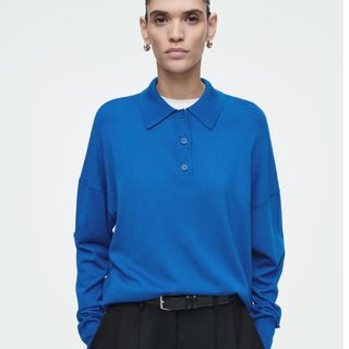 Cos Merino Wool Polo Shirt in blue