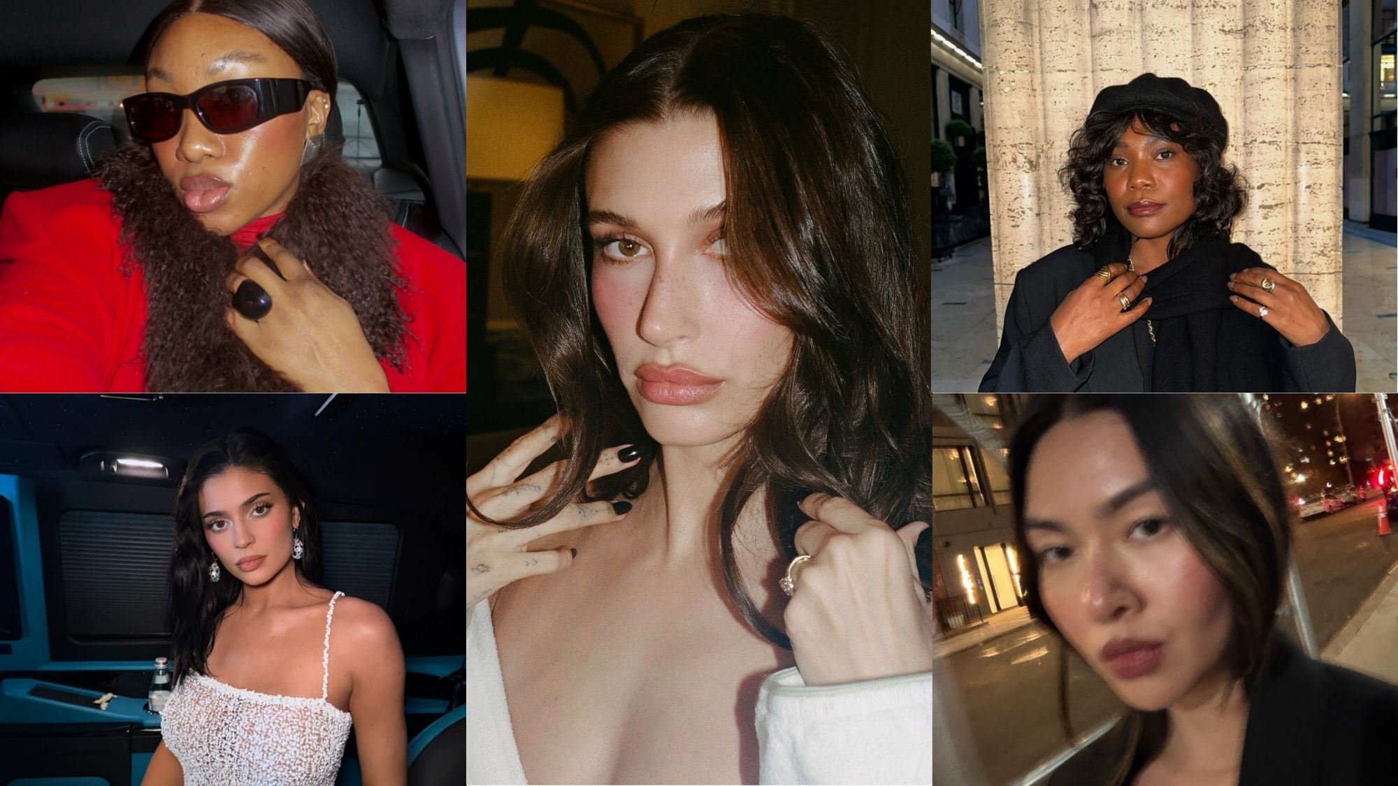 A collage of celebrities and creators wearing this winter's biggest blush trends
